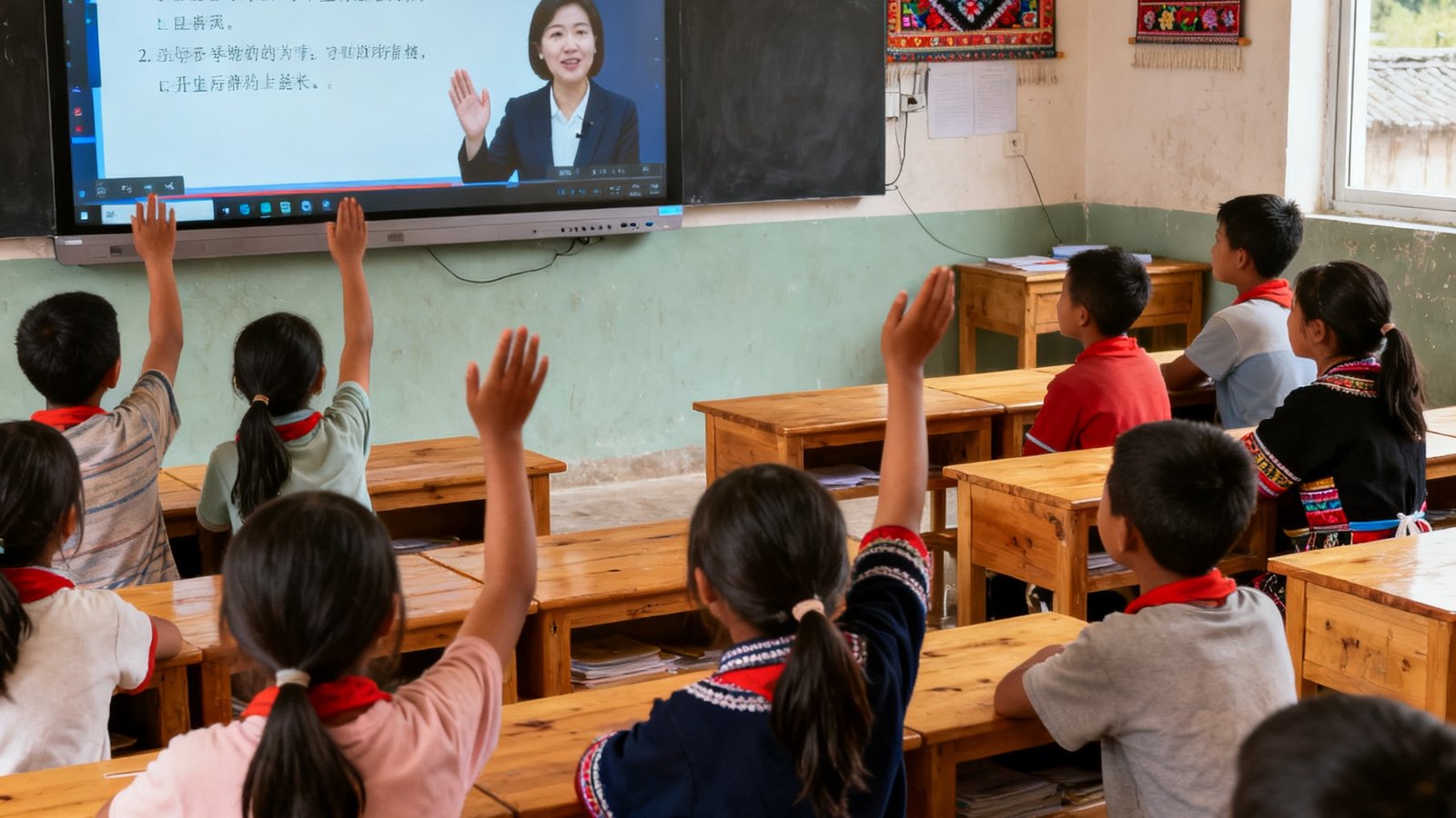 云南山区学校教室内，学生通过大屏幕与省会名校教师进行实时互动直播课堂的场景。