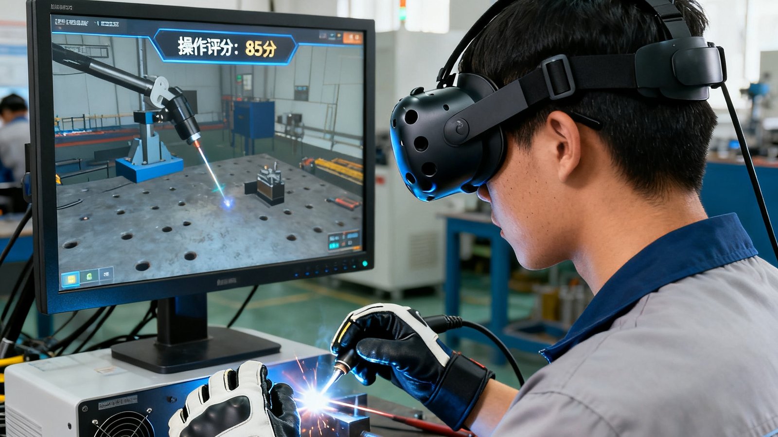 职业院校焊接实训室内，学生佩戴VR头显和力反馈手套进行虚拟焊接操作训练，屏幕上实时显示操作评分。