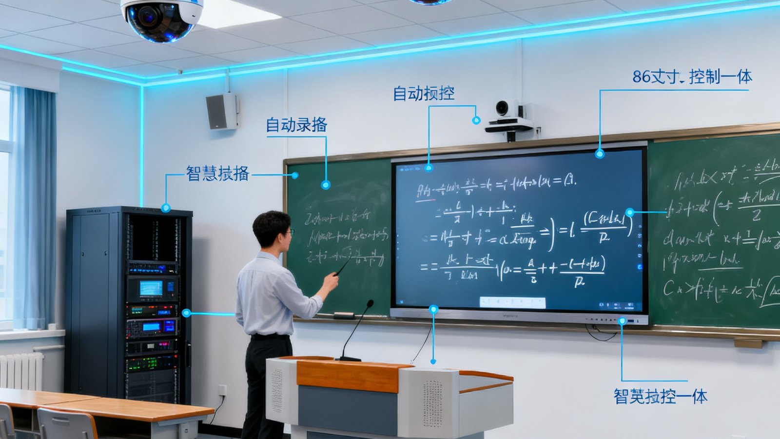 智慧录播教室内部设备布局图：天花板悬挂两台球形自动追踪摄像头，教师站在讲台前使用86英寸触控一体机进行数学公式推导，黑板上写满板书，教室后方可见机柜设备。