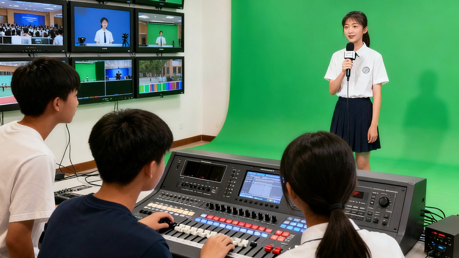 校园电视台演播室内景：三名学生组成的小型导播团队正在操作数字切换台，监视器墙上显示多个摄像机画面，一名学生主持人站在绿幕前播报校园新闻。