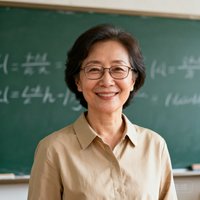 一位戴眼镜的中年女教师微笑的半身肖像照，背景是教室黑板。