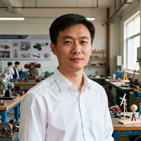 一位穿白衬衫的男教师半身肖像，背景是职业院校实训车间。