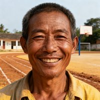 一位皮肤黝黑笑容朴实的中年男子半身肖像，背景是乡村小学的操场。